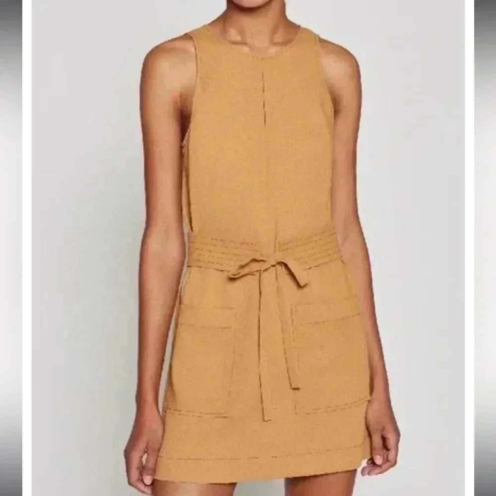 JOIE Puck Tie Waist‎ Lined Keyhole Crepe Mini Dress in Oak Size S